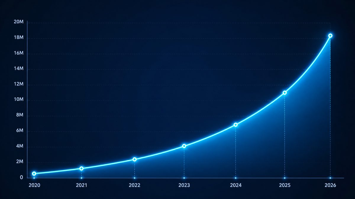 成免费网站用户增长数据图表,展示2020-2026年注册用户从50万增长至1800万的趋势